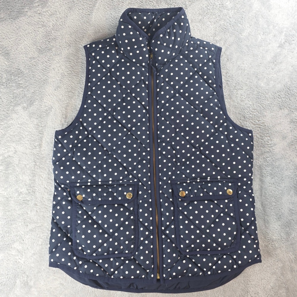 J.Crew Women Medium Navy Blue Polka Dot Quilted Excursion Down Vest F4511